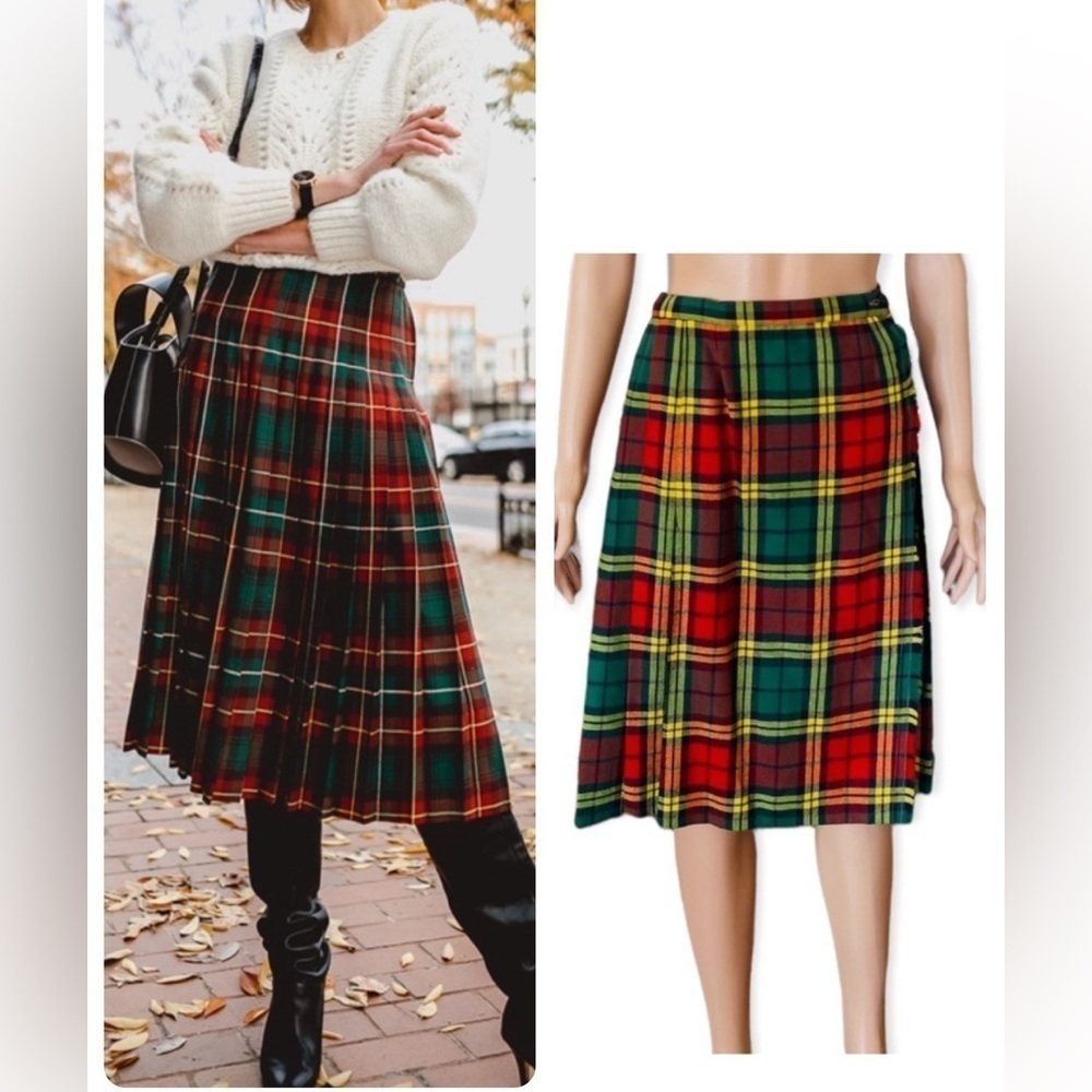 FLORENCE WALSH Vintage Plaid Pleated Wool Kilt Size 14
